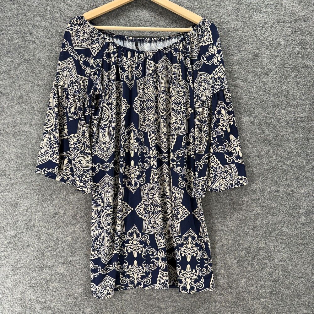 Emma Rose Dress Women M Medium Blue Geometric Shift Short 3/4 Sleeve Casual